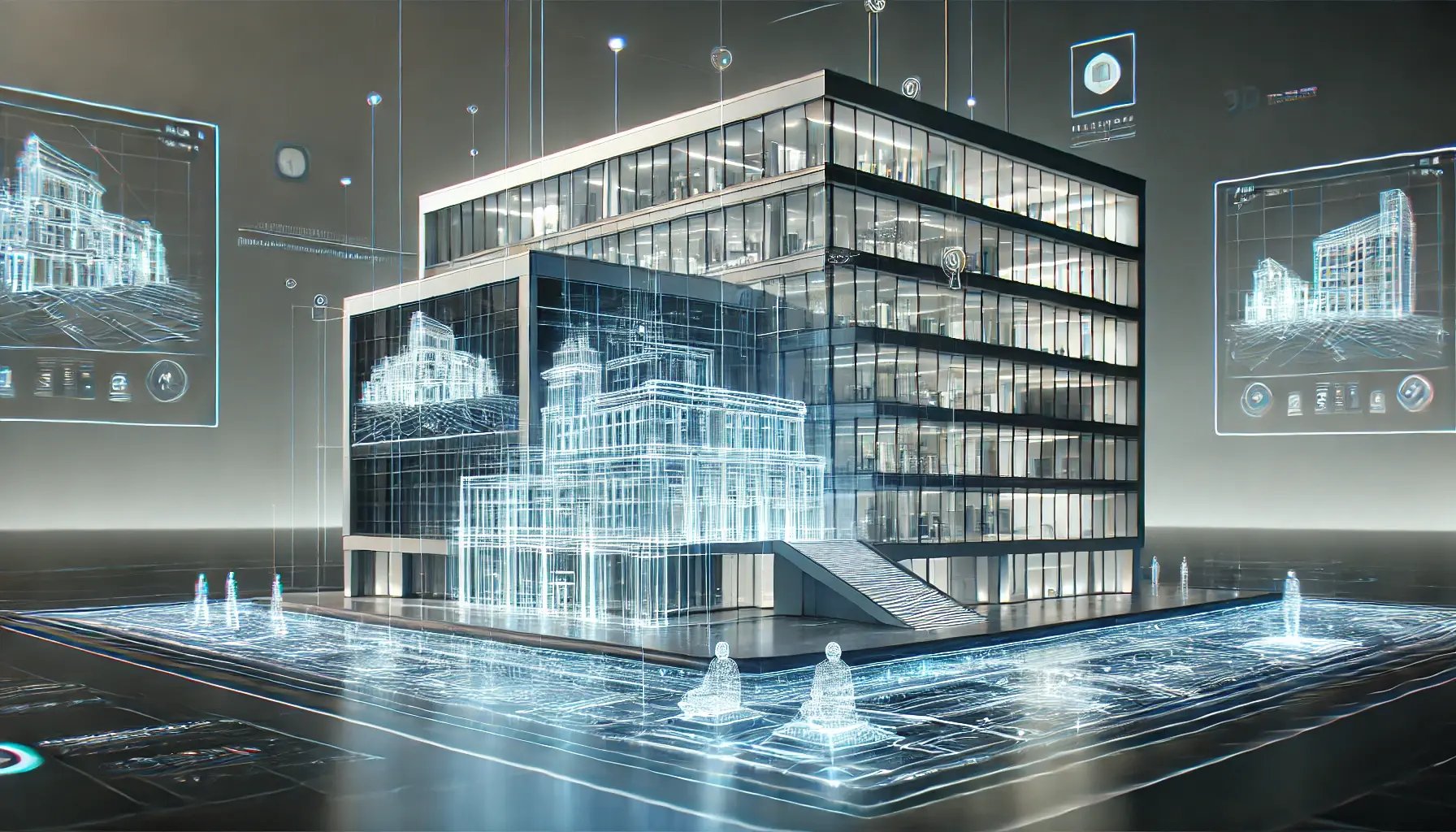 DALL·E 2024-11-26 17.53.35 - A futuristic digital 3D rendering of a large, modern building. The building is showcased with intricate holographic overlays and glowing wireframes, r